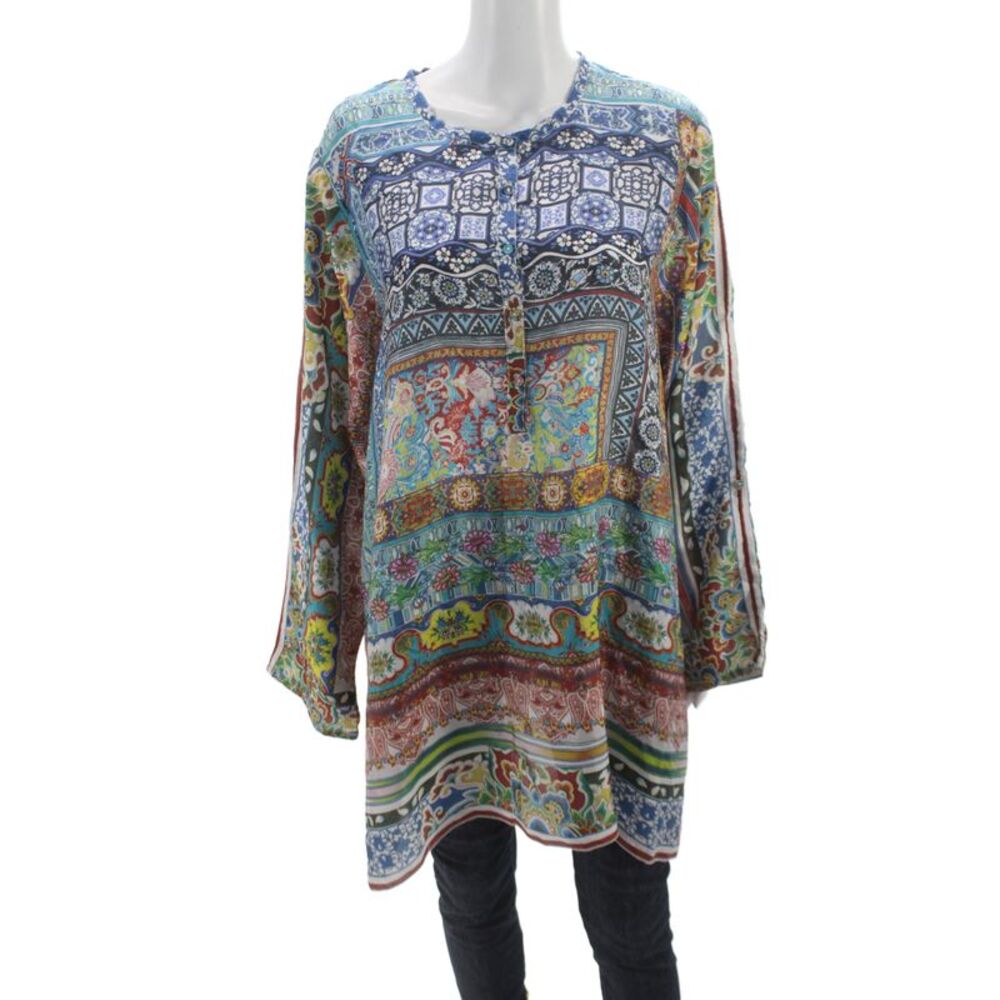 Johnny Was Women Linen Tunic Blouse Multi-Color Long Sleeve Size XS